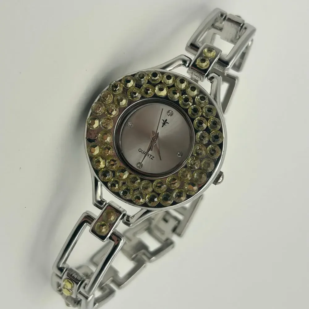 Womens Silver Tone Quartz Watch with Yellow Rhinestone/Crystal Bezel New Battery - Picture 4 of 8